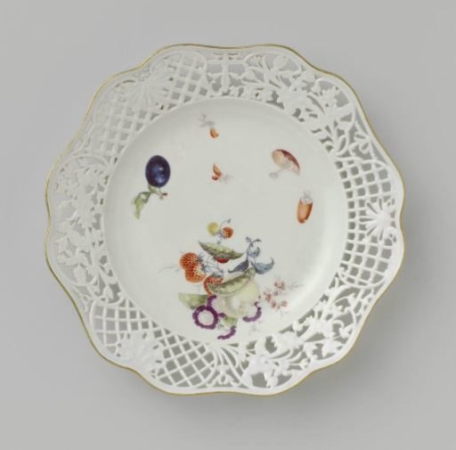 Dessert plate, multicolored painted with flowers and fruits
