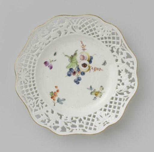Dessert plate, multicolored painted with flowers and fruits