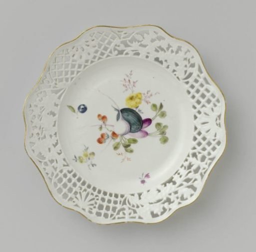 Dessert plate, multicolored painted with flowers and fruits