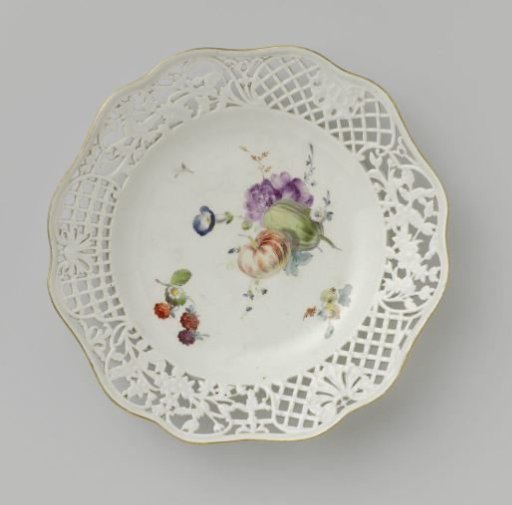 Dessert plate, multicolored painted with flowers and fruits