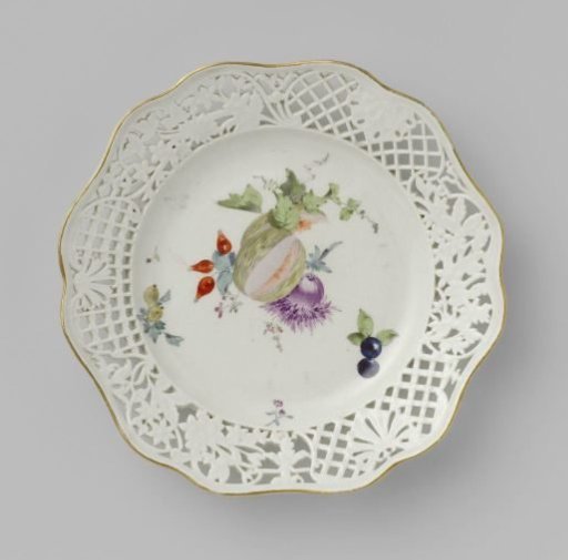 Dessert plate, multicolored painted with flowers and fruits