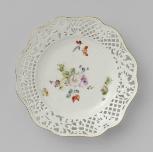 Dessert plate, multicolored painted with flowers and fruits