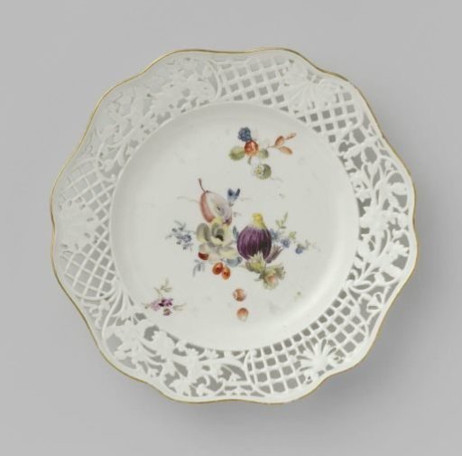 Dessert plate, multicolored painted with flowers and fruits