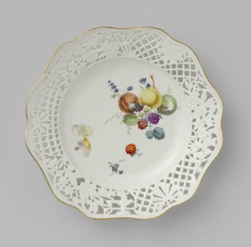 Dessert plate, multicolored painted with flowers and fruits