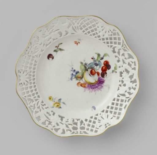 Dessert plate, multicolored painted with flowers and fruits