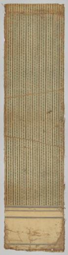 Three strips of painted linen wallpaper with vertical stripes alternately decorated with branches with berries and a floral scroll