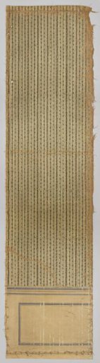 Three strips of painted linen wallpaper with vertical stripes alternately decorated with branches with berries and a floral scroll