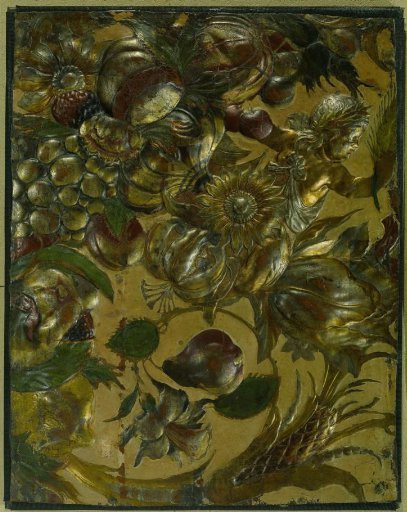Fragment of Gold Leather with Relief-Stamped Ornament of Vines, Flowers, Fruits, and a Putto