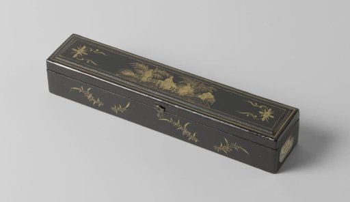 Fan Box of Black Lacquer with Japanese Scene in Gold Lacquer and Red Interior and Fan-Shaped Cutout