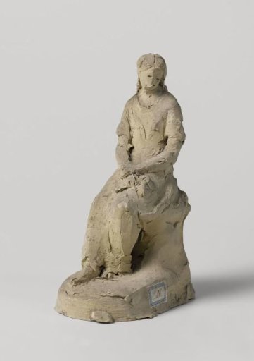 Seated female figure with a few flowers in the left hand