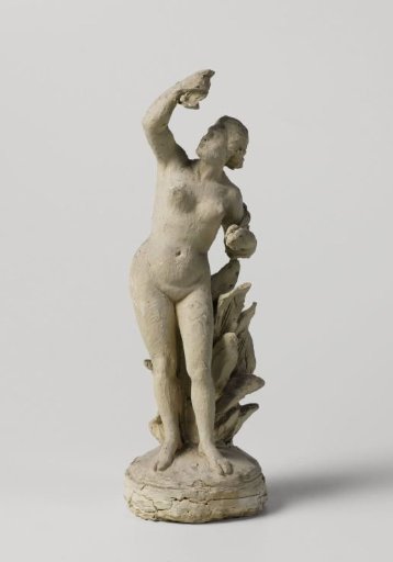 Nude female figure standing before some water plants
