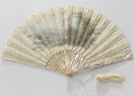 Folding fan with double leaf of silk organza, on which in tempera a blonde forest nymph with wings in a landscape, on a mount of mother-of-pearl