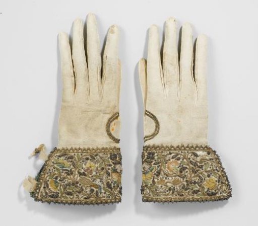 Glove of goat leather with cuffs of cream-colored satin embroidered with multicolored silk, gilded silver thread, spangles and freshwater pearls, trimmed with gold lace