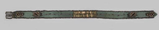Bandolier or sash cord (fragment) of green silk ribbed ribbon, with floral motifs embroidered in silver thread and wool and silk, at end ornament with hanging swags, edged all around with loop fringe of metal thread