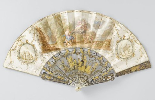 Folding fan with leaf of paper on which 'The Judgment of Paris' is painted in gouache, on a mount of pierced and relief-carved mother-of-pearl with 'métal en quatre couleur'