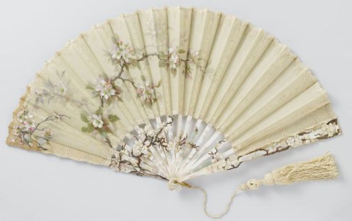 Folding fan with double leaf of batiste on which branches of apple blossom are painted in gouache, on a mount of carved and partially painted mother-of-pearl, provided with metal (silver?) monogram M.S.