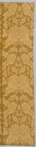 Wall Hanging of Yellow Silk Damask with Symmetrical Pattern of Two Upward-Waving Vines with Peony-like Flowers Among Others