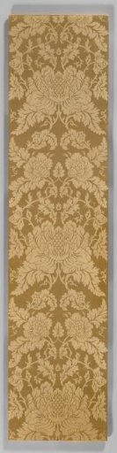 Wall Hanging of Yellow Silk Damask with a Symmetrical Pattern of Two Rising Wavy Vines Featuring Peony-like Flowers Among Others