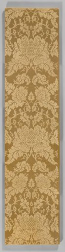 Wall Hanging of Yellow Silk Damask with a Symmetrical Pattern of Two Rising Wavy Vines Featuring Peony-like Flowers Among Others