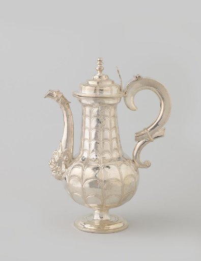 Ewer of silver, globular, on a short stem and round foot. Body transitions into a high, conical tapering neck. Handle consists of two connected C-volutes.
