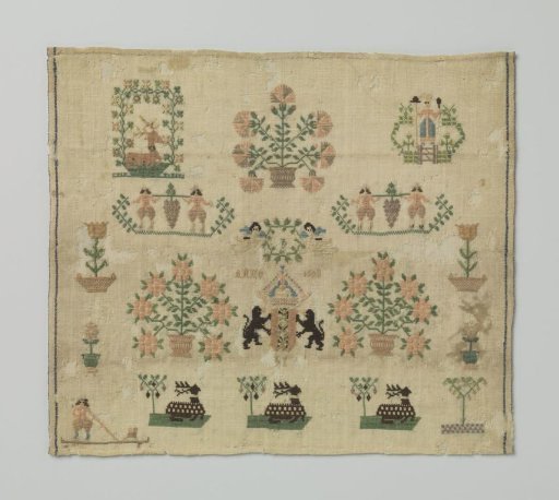 Darning patch of woolen mousseline embroidered with cross-stitches in silk: the coat of arms of Amsterdam, fallow deer, Joseph and Caleb with the fruit of the land of Canaan, the Dutch Maiden with liberty cap in the Dutch garden, ANNO 1698
