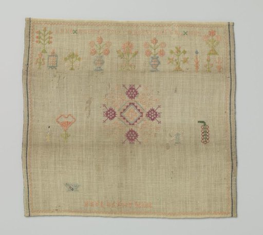 Darning patch of woolen mousseline embroidered with silk in cross-stitches: SARA VAN DER HEIDE and ANNO 1682, flowers and fruits