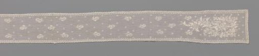 Fanchon or neck scarf of lace embroidery on tulle with a curling leaf branch with berry twigs at both ends and two clusters of three rosette flowers