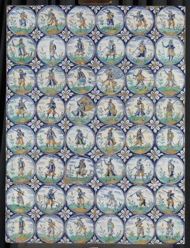 Panel with forty-eight multicolored painted tiles featuring a warrior with a musket or halberd within a circle