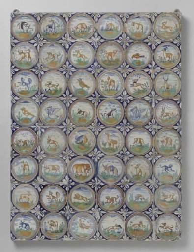 Panel of forty-eight tiles with animals