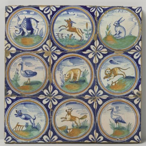 Panel of nine tiles, each polychrome painted with an animal on a ground surrounded by concentric circles, foliate work in the corners in the void technique, an elephant in the upper left