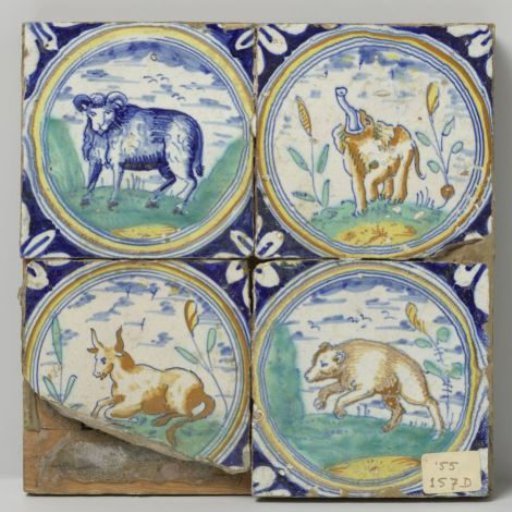Panel of four tiles with animals