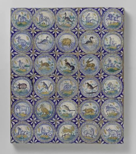 Panel of thirty tiles with animals