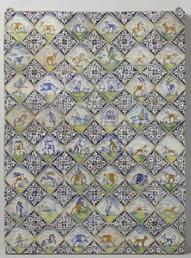 Field of forty-eight tiles with animals and hunters