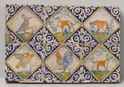Field of six multicolored painted tiles with an animal on a ground within a square