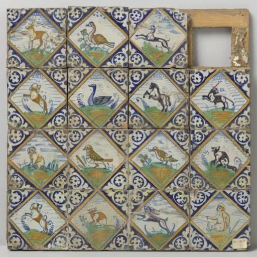 Panel of sixteen tiles with animals