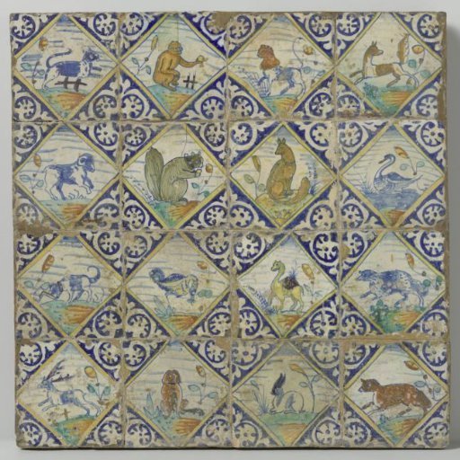 Panel of sixteen tiles with animals