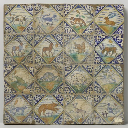 Panel of sixteen tiles with animals