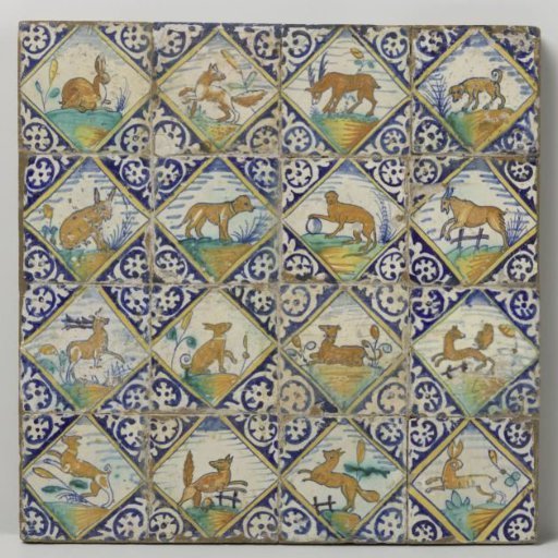 Panel of sixteen tiles with animals