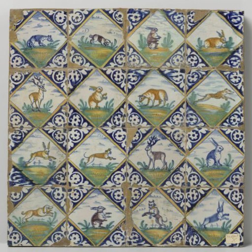 Panel of sixteen tiles with animals