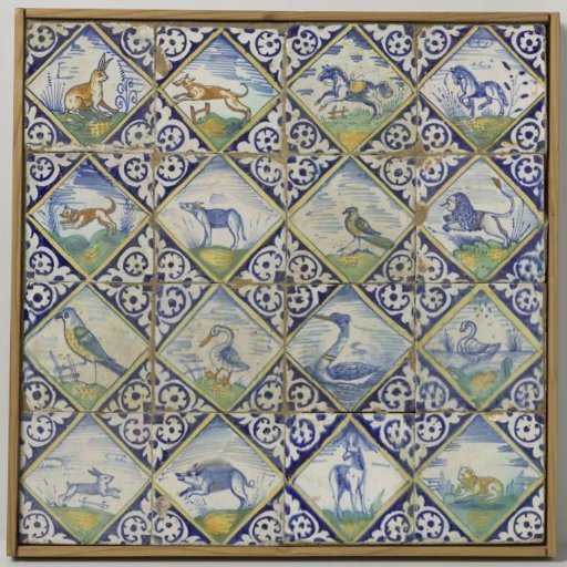 Panel of sixteen tiles with animals