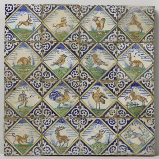 Panel of sixteen tiles with animals