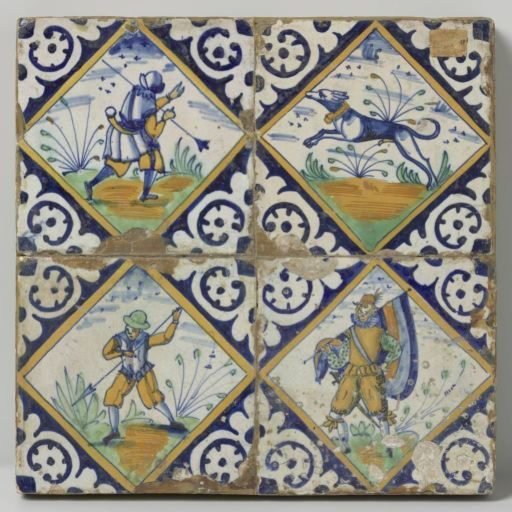 Panel of four tiles with hunters and animals