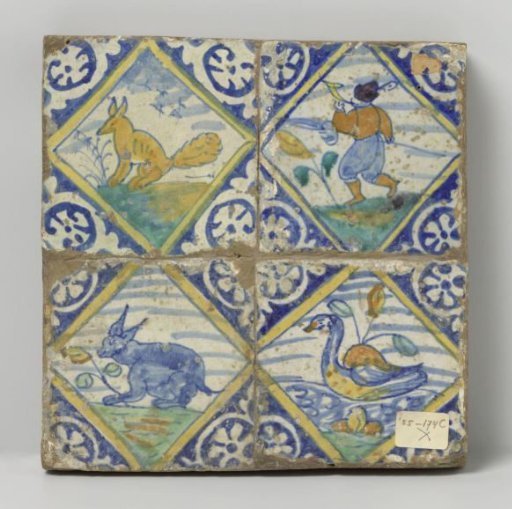 Panel of four tiles with hunters and animals
