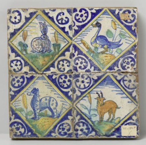 Panel of four tiles with animals