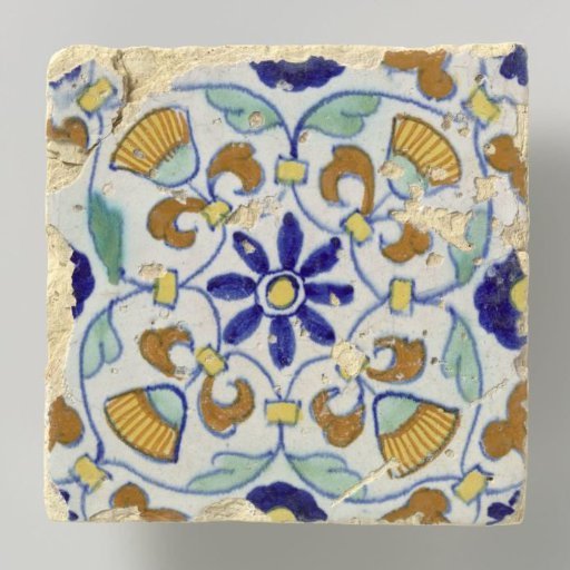 Tile, polychrome painted with a rosette surrounded by four marigolds and framed by leaves in the shape of a heart