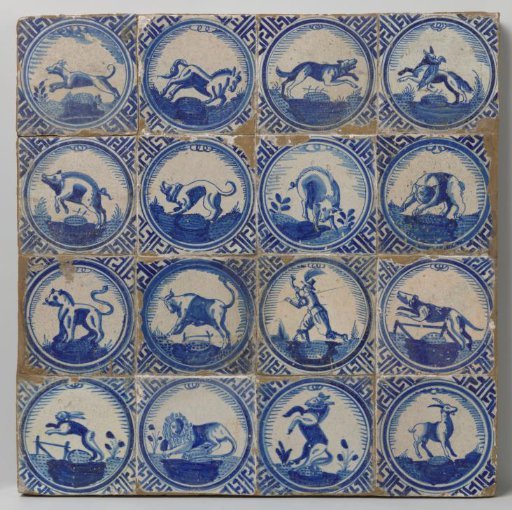 Panel of sixteen tiles with animals