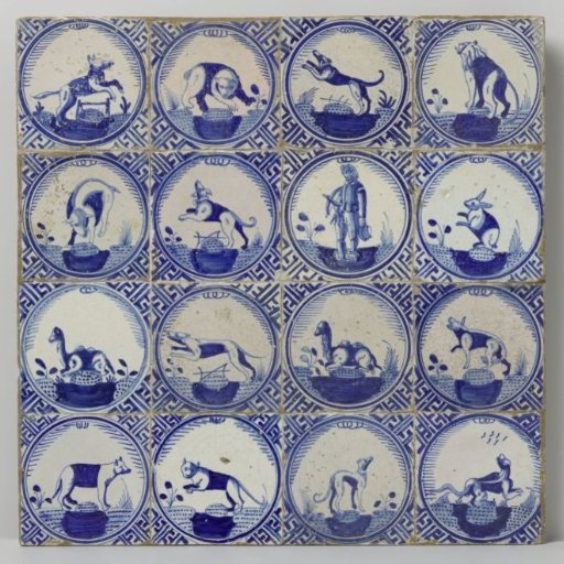 Panel of sixteen tiles with animals