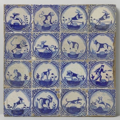 Panel of sixteen tiles with animals