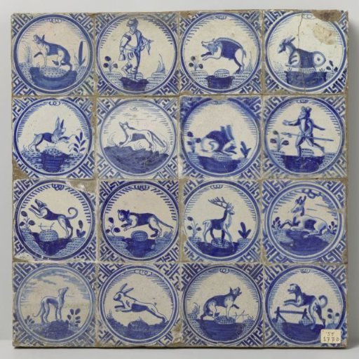 Panel of sixteen tiles with animals