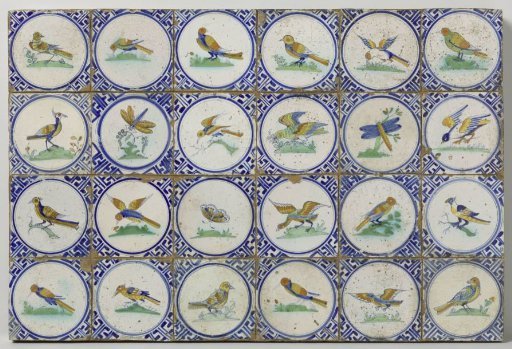 Panel of twenty-four tiles with birds